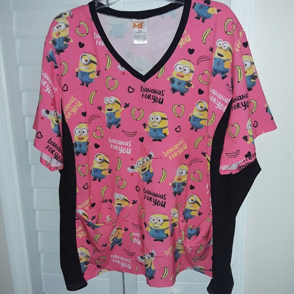 Despicable Me Minions Women’s Size 3XL Scrub Top, Pink, VGUC